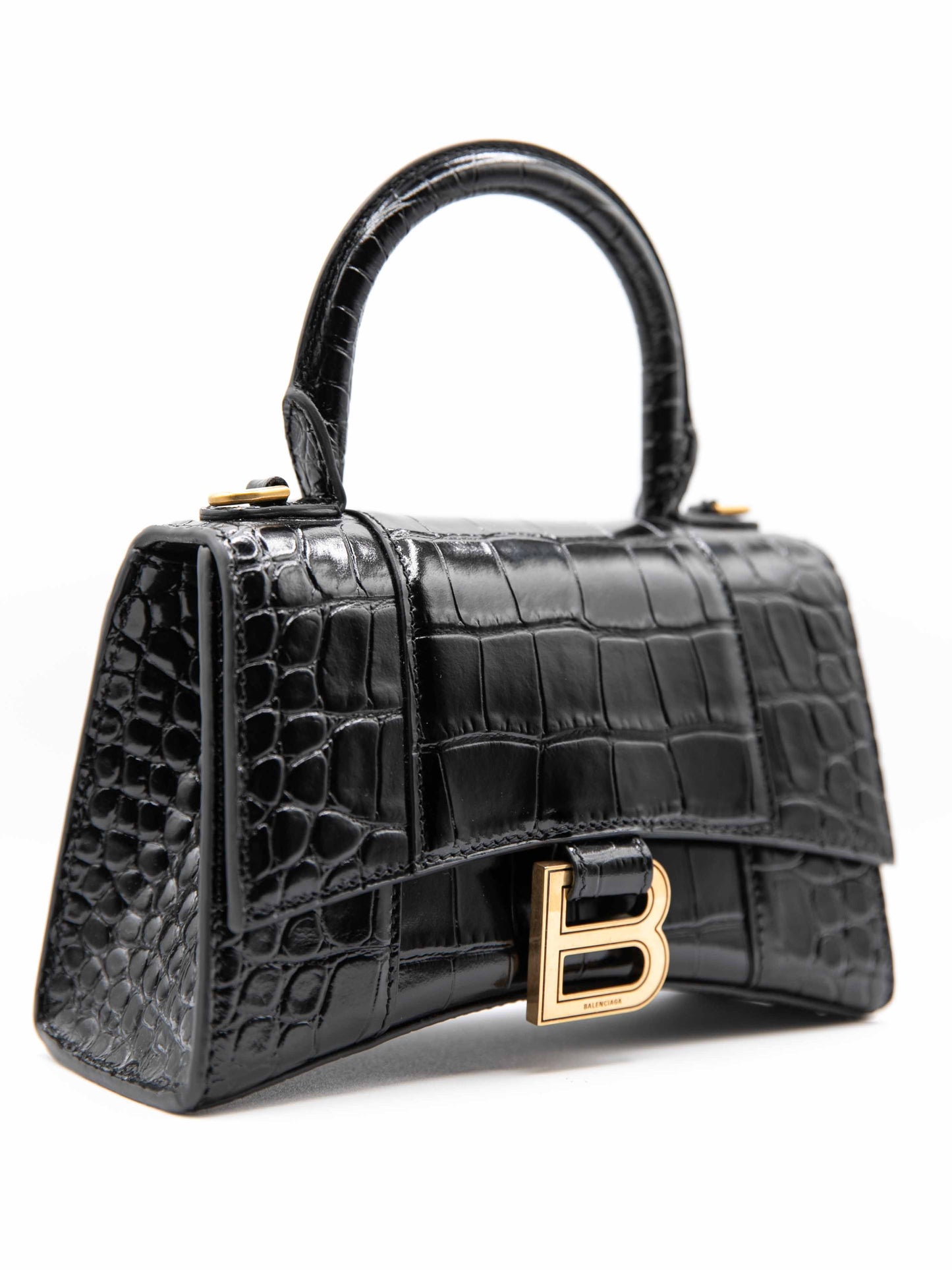 Balenciaga - Hourglass Misura XS da Donna in in pelle di vitello nera lucida con lavorazione coccodrillo
