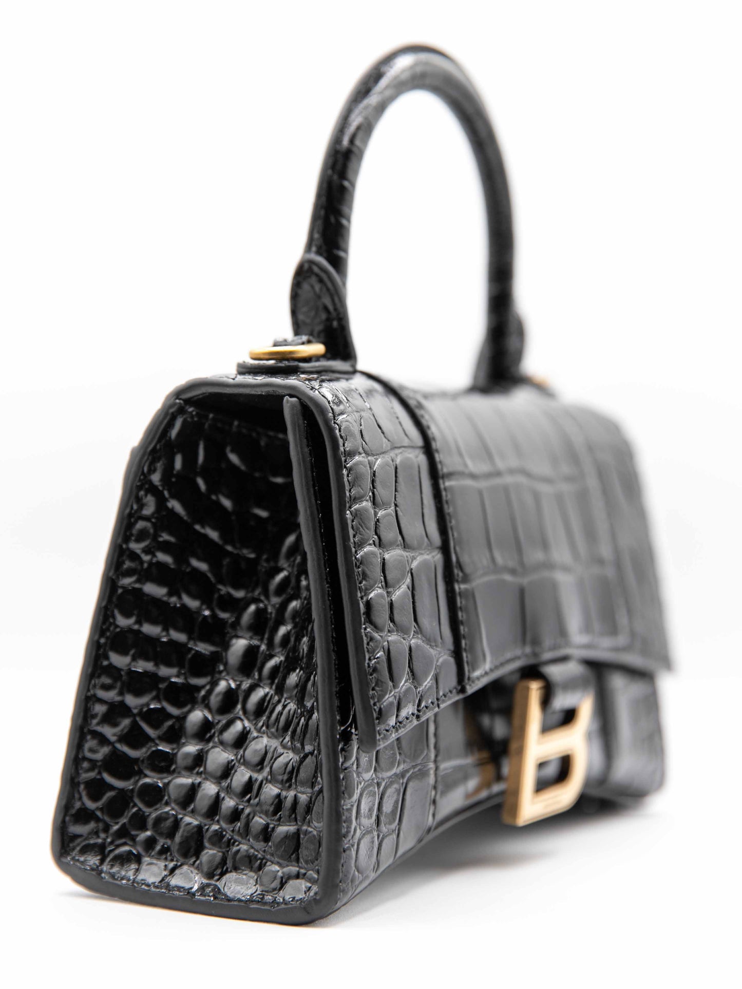 Balenciaga - Hourglass Misura XS da Donna in in pelle di vitello nera lucida con lavorazione coccodrillo
