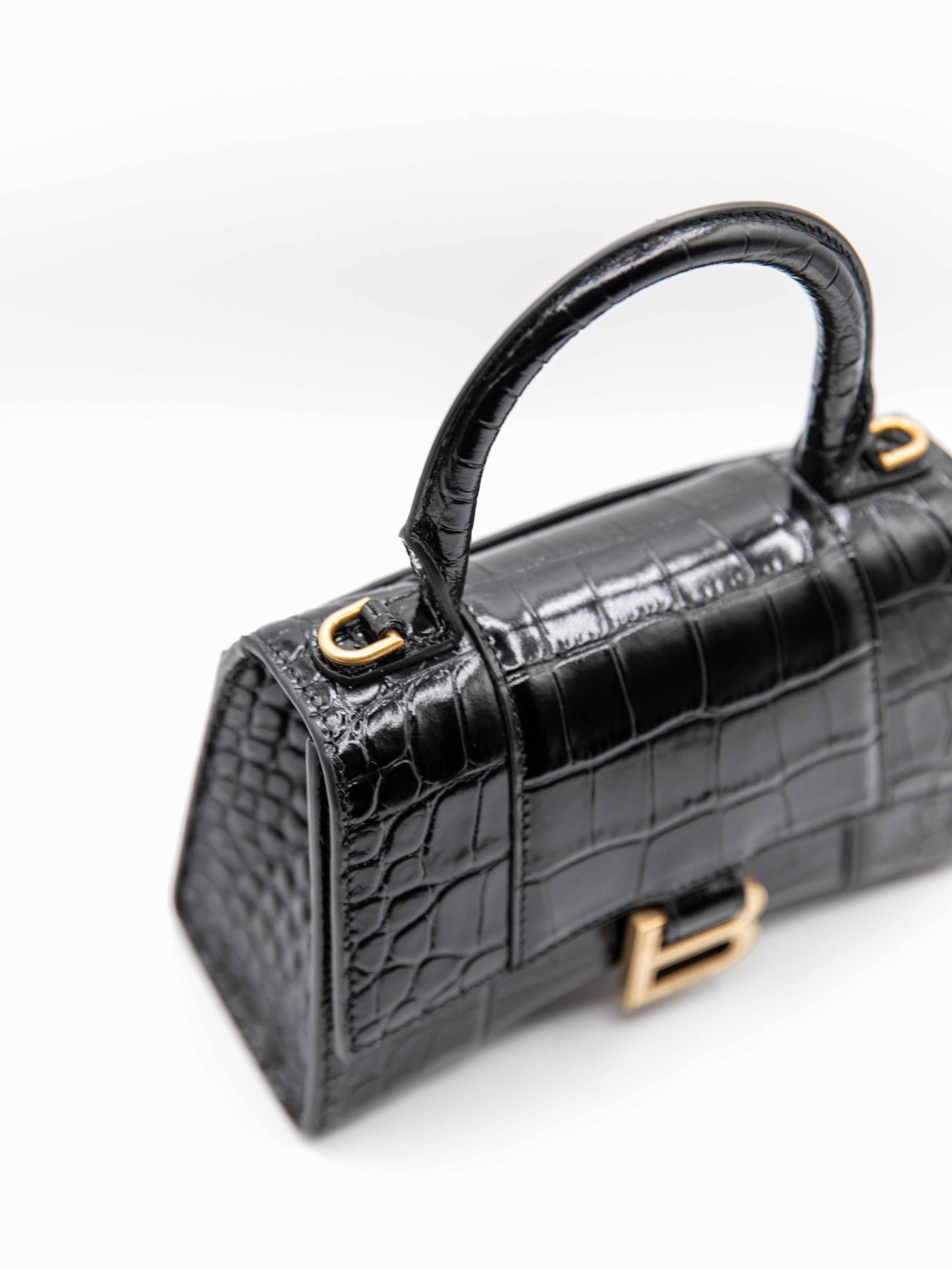 Balenciaga - Hourglass Misura XS da Donna in in pelle di vitello nera lucida con lavorazione coccodrillo