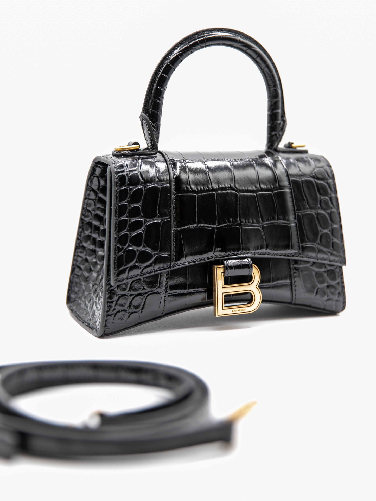 Balenciaga - Hourglass Misura XS da Donna in in pelle di vitello nera lucida con lavorazione coccodrillo