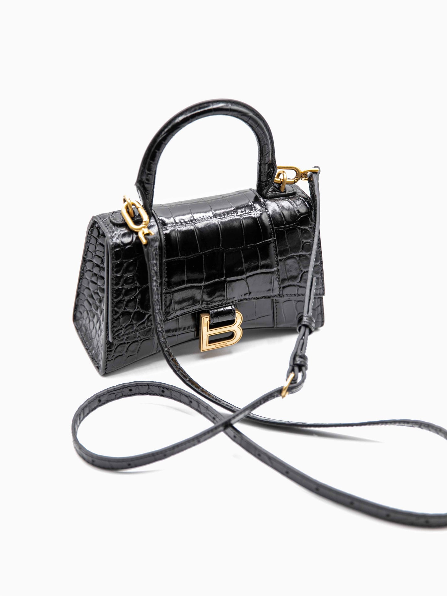 Balenciaga - Hourglass Misura XS da Donna in in pelle di vitello nera lucida con lavorazione coccodrillo