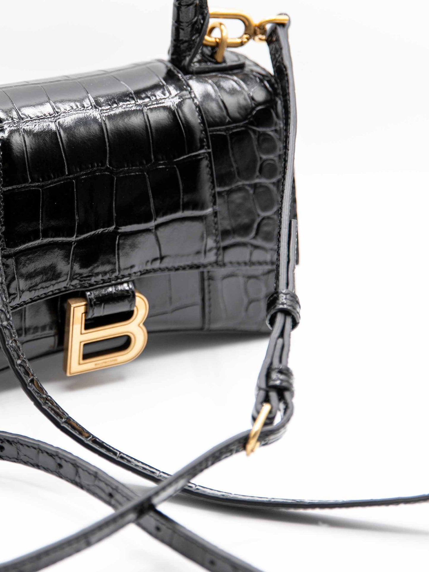 Balenciaga - Hourglass Misura XS da Donna in in pelle di vitello nera lucida con lavorazione coccodrillo